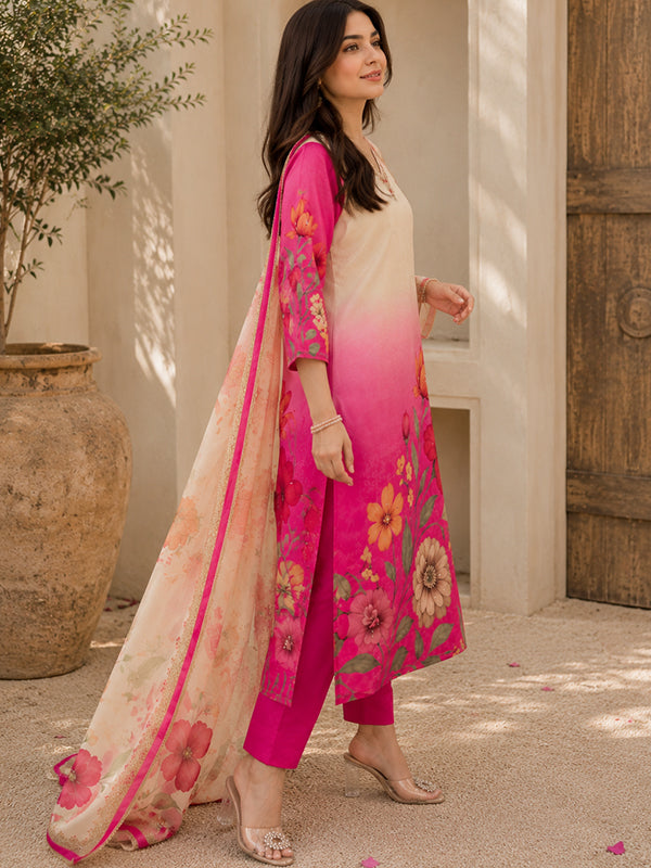 Pink Ombre Floral Printed Kurti Pant & Dupatta