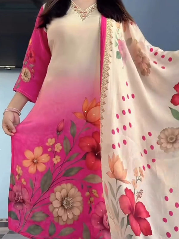 Pink Ombre Floral Printed Kurti Pant & Dupatta