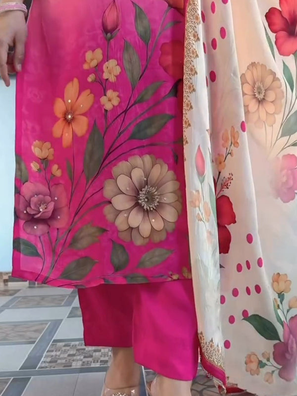Pink Ombre Floral Printed Kurti Pant & Dupatta