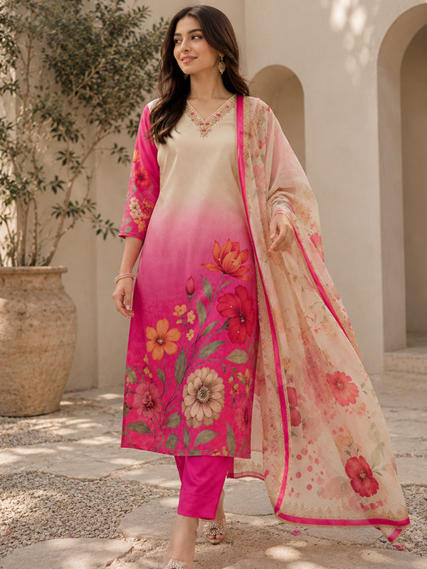 Pink Ombre Floral Printed Kurti Pant & Dupatta