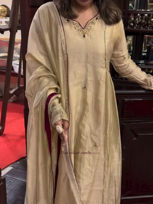Almond Beige Mal Chanderi 3-Piece Anarkali Kurta Set