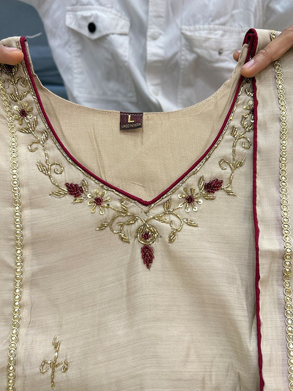 Almond Beige Mal Chanderi 3-Piece Anarkali Kurta Set