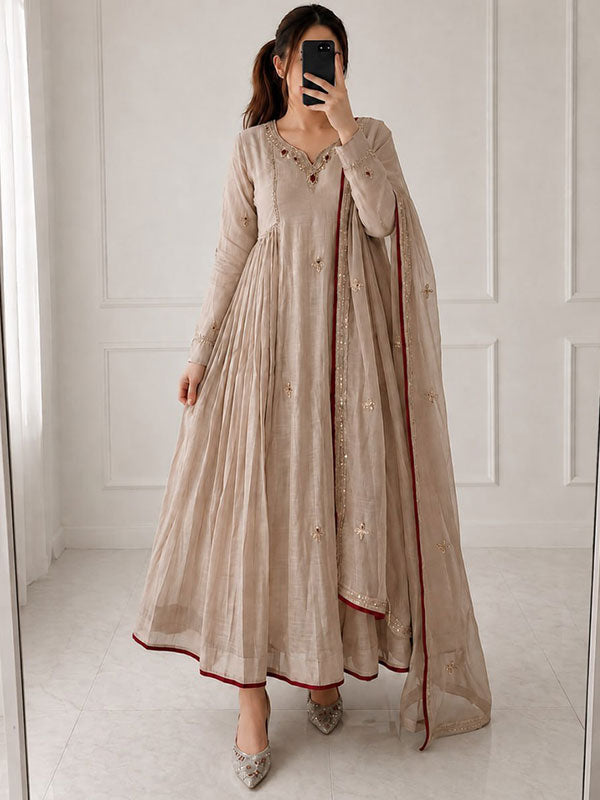 Almond Beige Mal Chanderi 3-Piece Anarkali Kurta Set