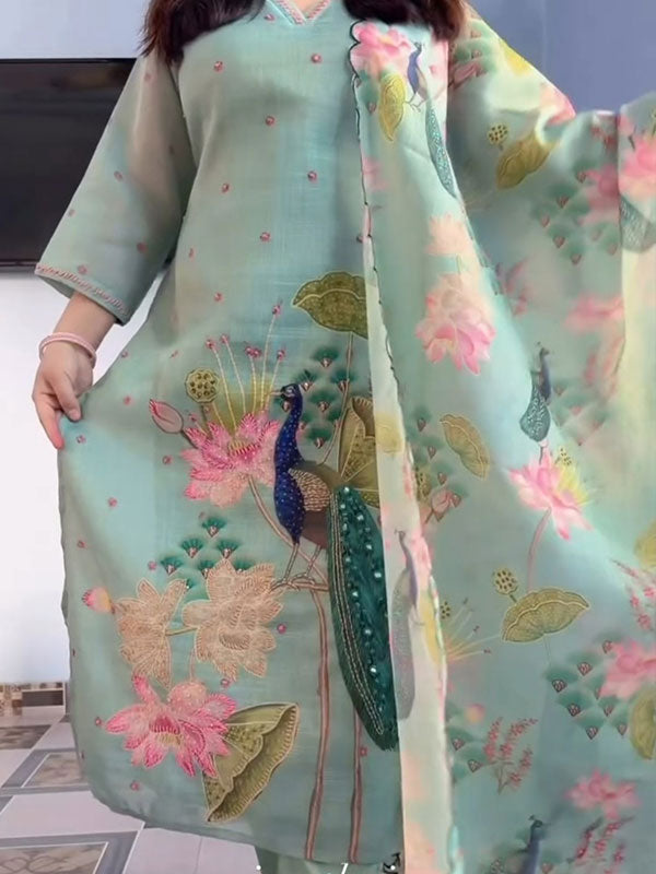 Mint Green Peacock Floral Printed Kurti Pant & Dupatta