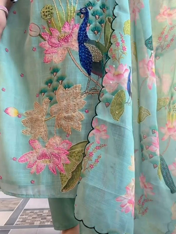 Mint Green Peacock Floral Printed Kurti Pant & Dupatta