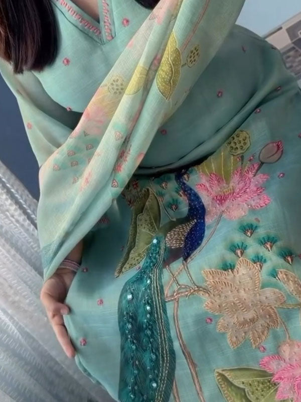 Mint Green Peacock Floral Printed Kurti Pant & Dupatta
