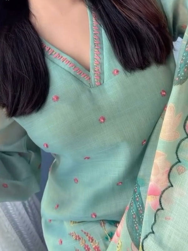 Mint Green Peacock Floral Printed Kurti Pant & Dupatta