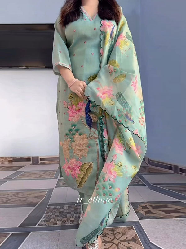Mint Green Peacock Floral Printed Kurti Pant & Dupatta