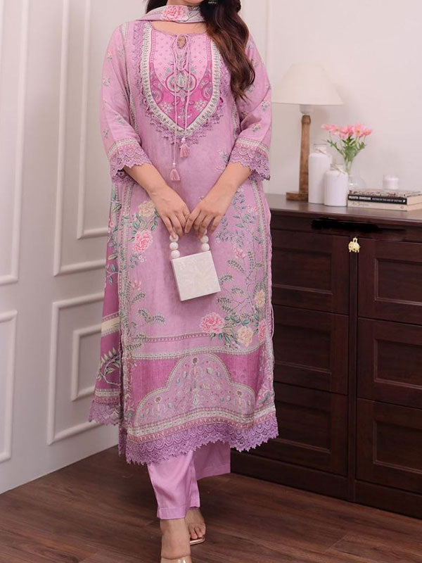 Lilac Muslin Floral Printed Pakistani Suit