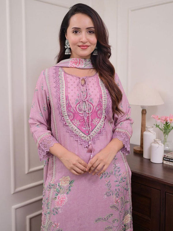 Lilac Muslin Floral Printed Pakistani Suit
