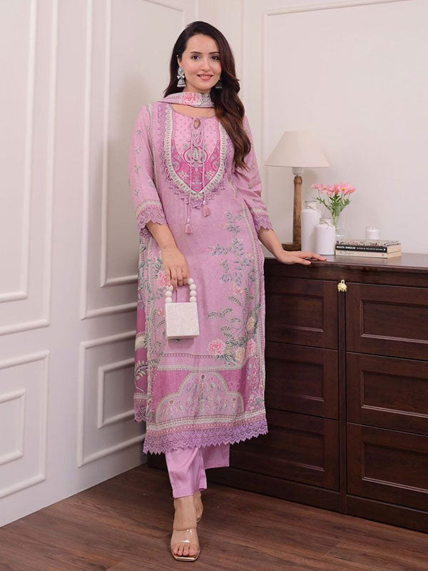 Lilac Muslin Floral Printed Pakistani Suit