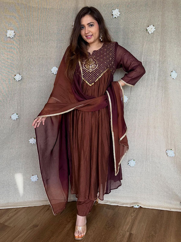 Brown & Wine Mal Chanderi Anarkali Suit Set
