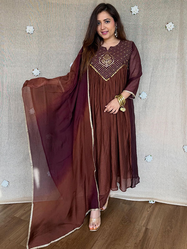 Brown & Wine Mal Chanderi Anarkali Suit Set