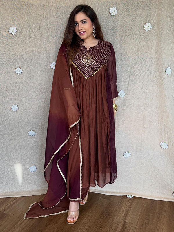 Brown & Wine Mal Chanderi Anarkali Suit Set