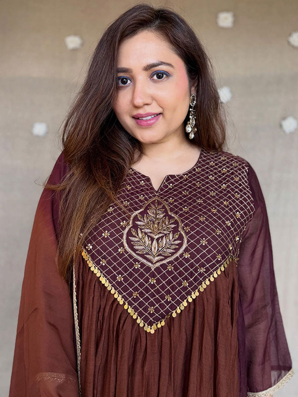Brown & Wine Mal Chanderi Anarkali Suit Set