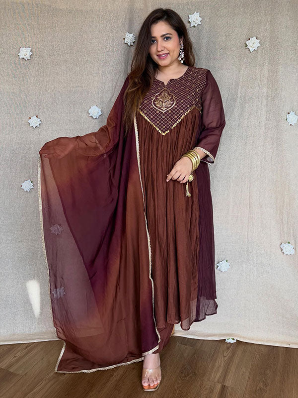 Brown & Wine Mal Chanderi Anarkali Suit Set