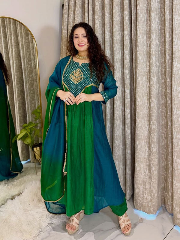 Green & Teal Blue Mal Chanderi Anarkali Suit Set