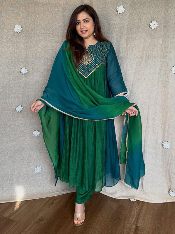 Green & Teal Blue Mal Chanderi Anarkali Suit Set