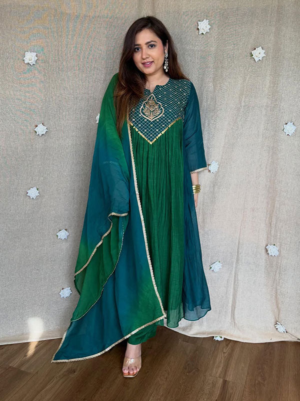 Green & Teal Blue Mal Chanderi Anarkali Suit Set