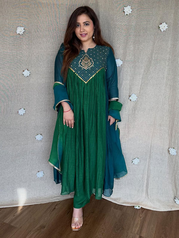 Green & Teal Blue Mal Chanderi Anarkali Suit Set
