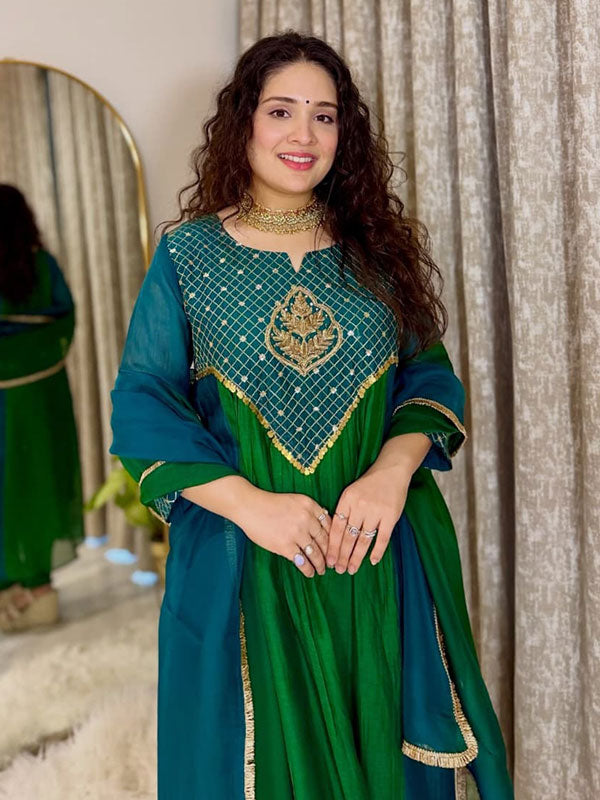 Green & Teal Blue Mal Chanderi Anarkali Suit Set