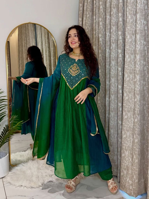 Green & Teal Blue Mal Chanderi Anarkali Suit Set