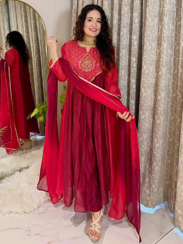 Maroon & Pink Mal Chanderi Anarkali Suit Set
