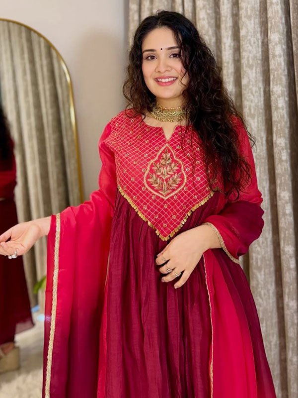 Maroon & Pink Mal Chanderi Anarkali Suit Set