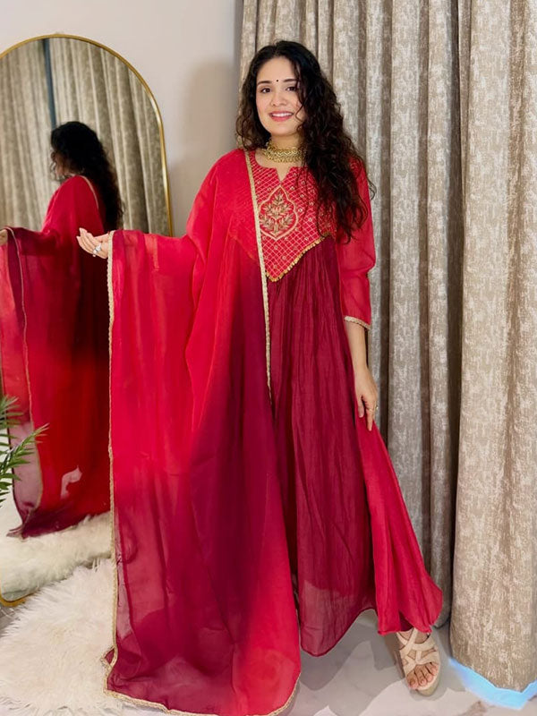 Maroon & Pink Mal Chanderi Anarkali Suit Set