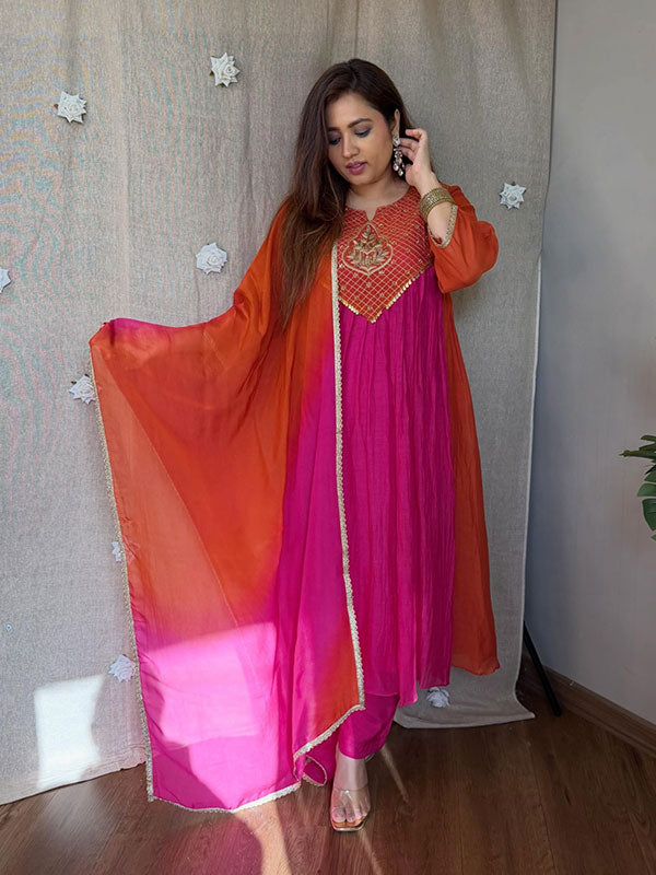 Pink & Orange Mal Chanderi Anarkali Suit Set