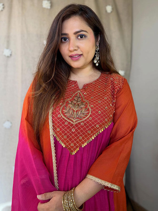 Pink & Orange Mal Chanderi Anarkali Suit Set