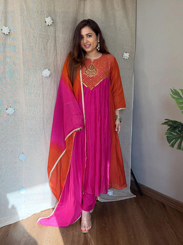 Pink & Orange Mal Chanderi Anarkali Suit Set
