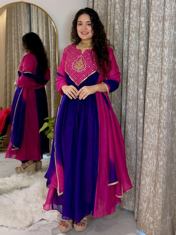 Purple & Pink Mal Chanderi Anarkali Suit Set