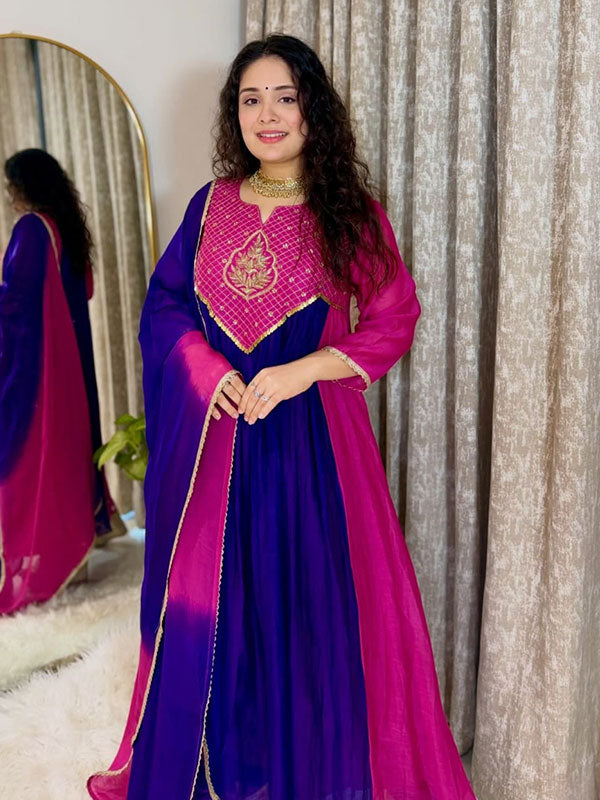 Purple & Pink Mal Chanderi Anarkali Suit Set