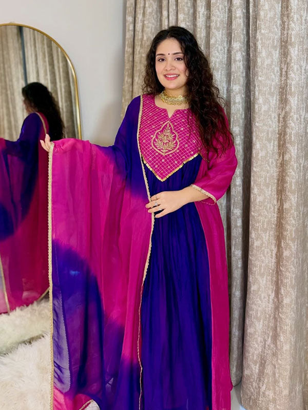 Purple & Pink Mal Chanderi Anarkali Suit Set