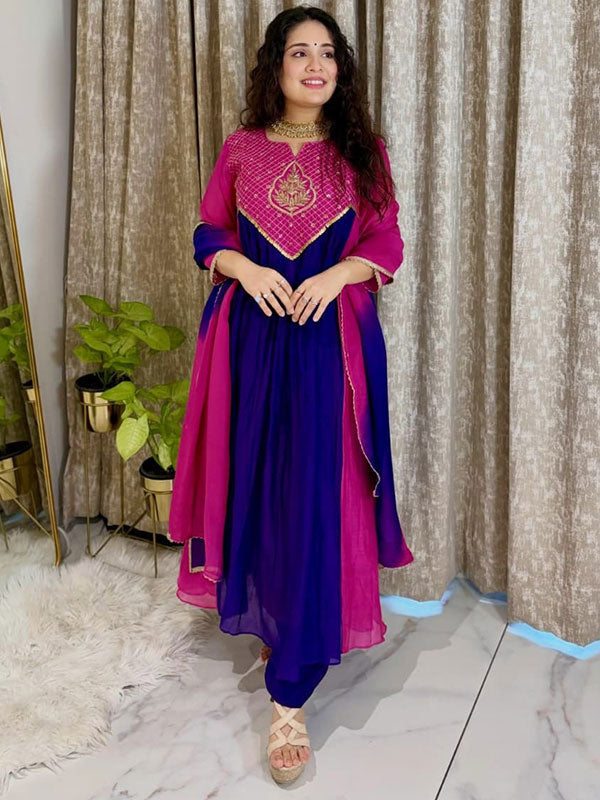 Purple & Pink Mal Chanderi Anarkali Suit Set