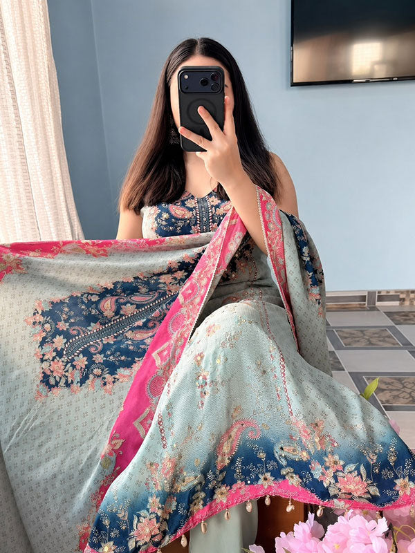 Mint Green Floral Printed Soft Berry Silk 3-piece Suit
