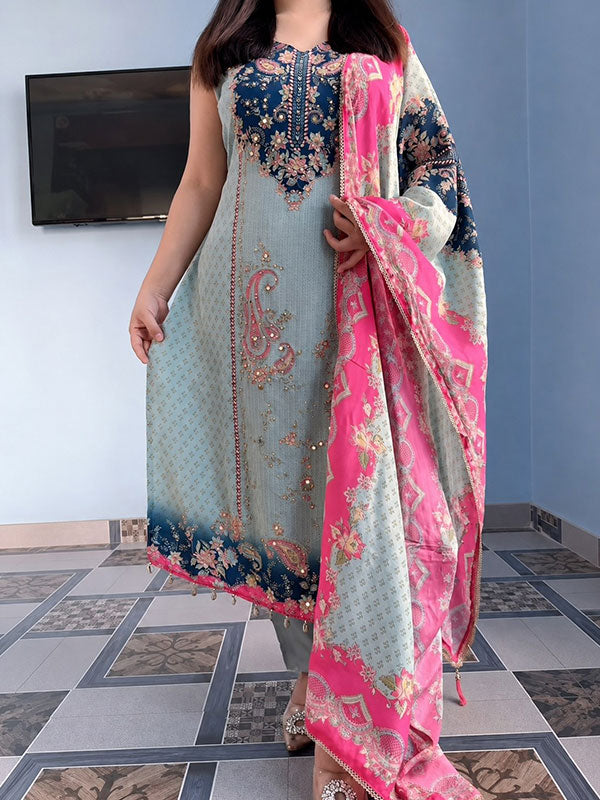 Mint Green Floral Printed Soft Berry Silk 3-piece Suit