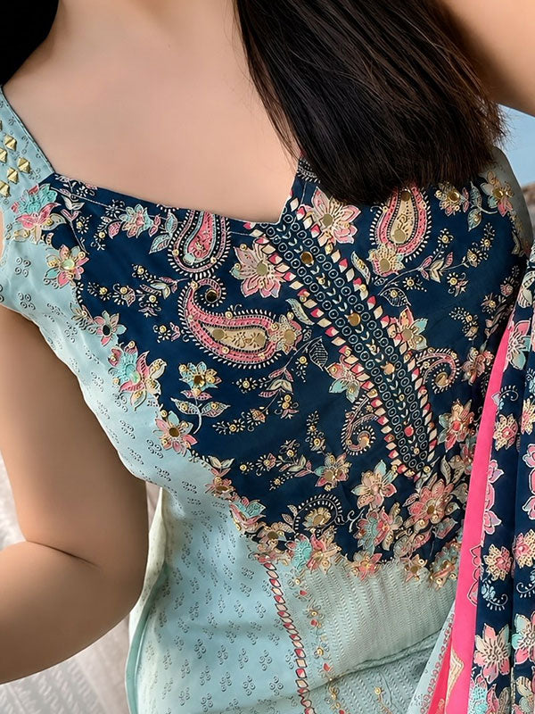 Mint Green Floral Printed Soft Berry Silk 3-piece Suit