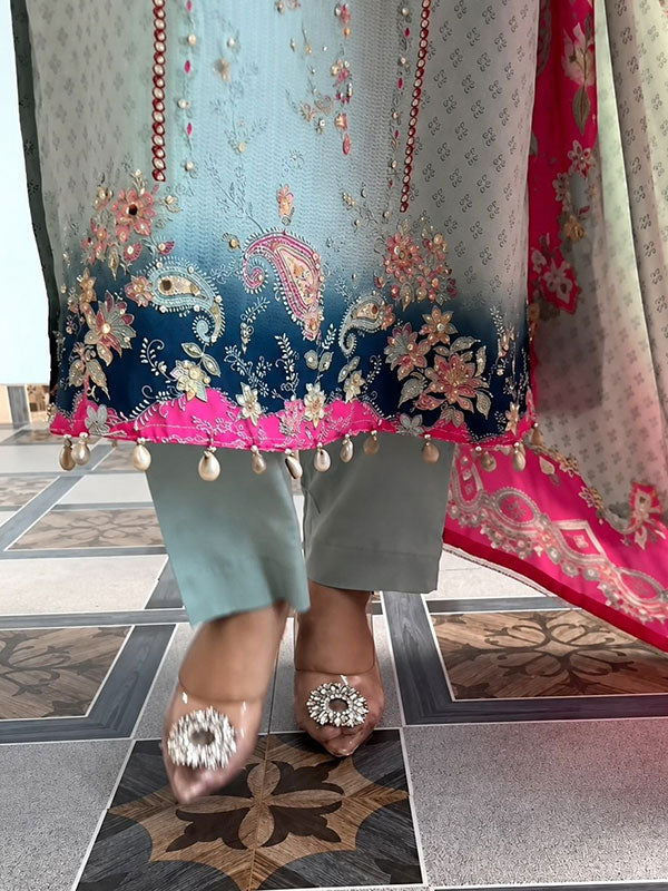 Mint Green Floral Printed Soft Berry Silk 3-piece Suit