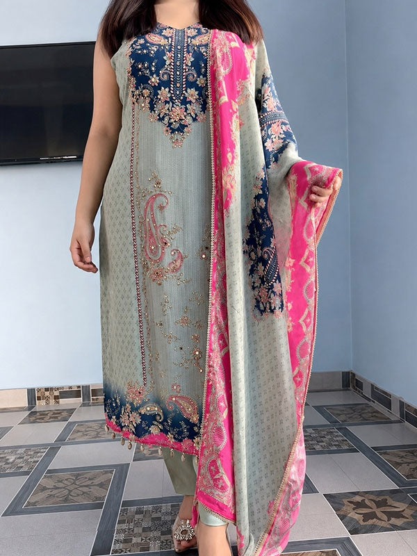 Mint Green Floral Printed Soft Berry Silk 3-piece Suit
