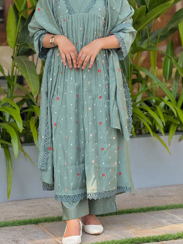 Aqua Blue Floral Embroidered Mal Chanderi 3-Piece Anarkali Kurta Set