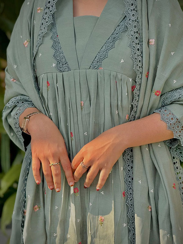 Aqua Blue Floral Embroidered Mal Chanderi 3-Piece Anarkali Kurta Set