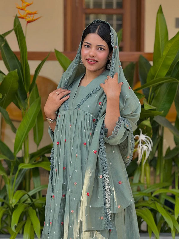 Aqua Blue Floral Embroidered Mal Chanderi 3-Piece Anarkali Kurta Set