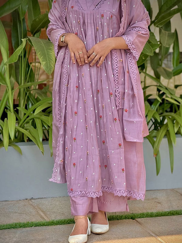Lilac Floral Embroidered Mal Chanderi 3-Piece Anarkali Kurta Set