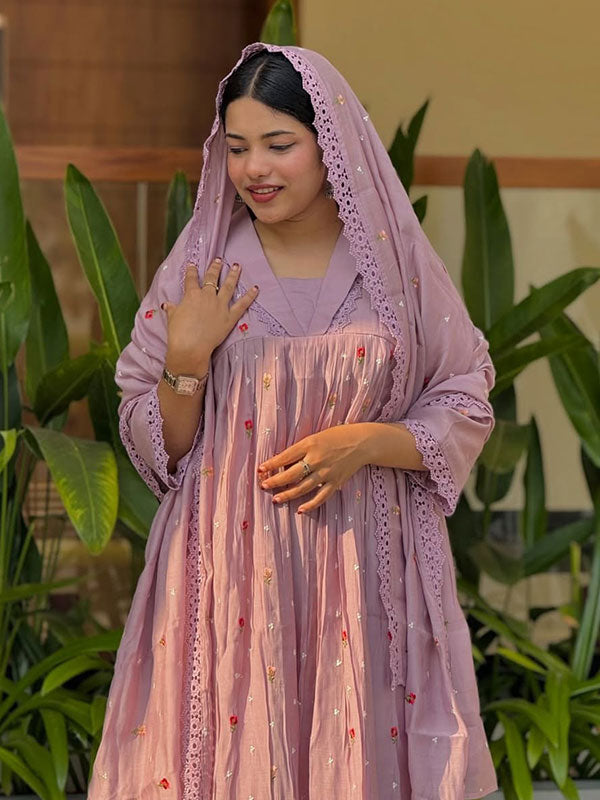 Lilac Floral Embroidered Mal Chanderi 3-Piece Anarkali Kurta Set