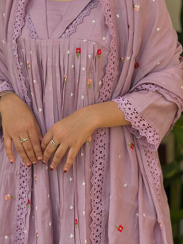 Lilac Floral Embroidered Mal Chanderi 3-Piece Anarkali Kurta Set