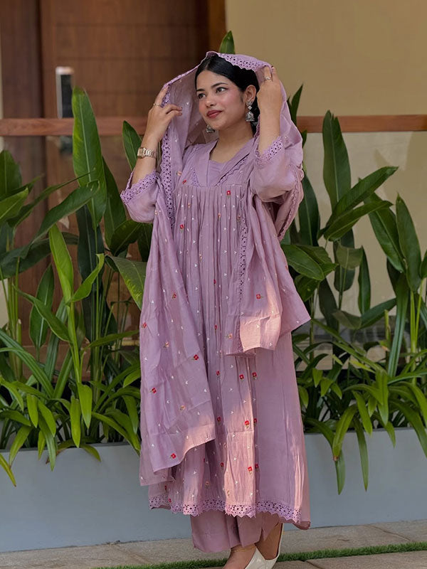 Lilac Floral Embroidered Mal Chanderi 3-Piece Anarkali Kurta Set
