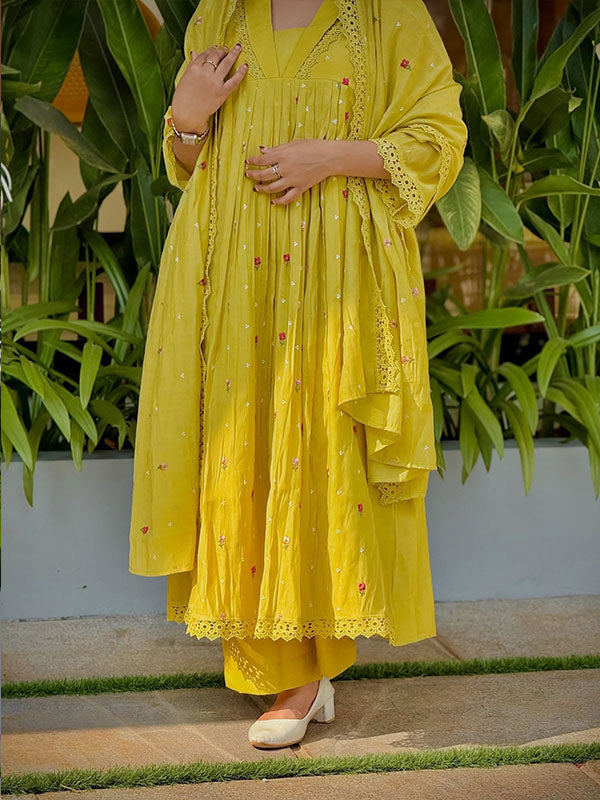 Yellow Floral Embroidered Mal Chanderi 3-Piece Anarkali Kurta Set
