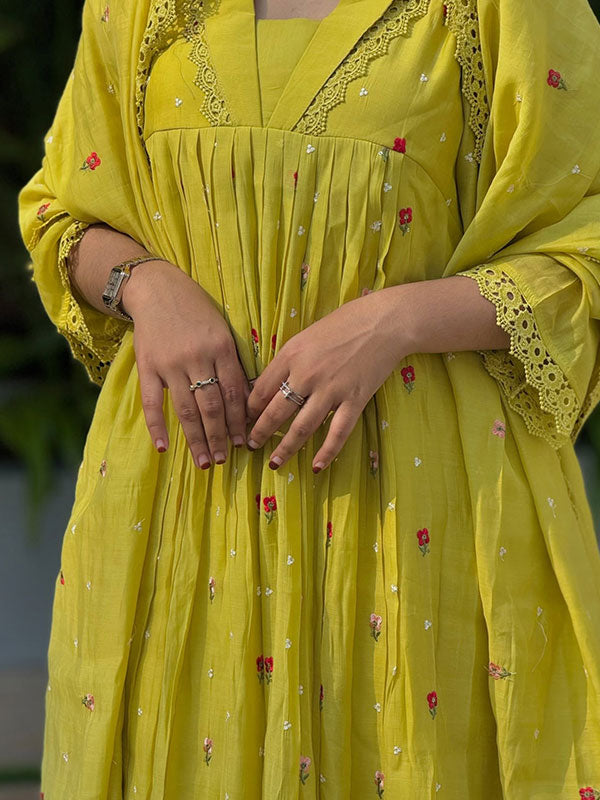 Yellow Floral Embroidered Mal Chanderi 3-Piece Anarkali Kurta Set